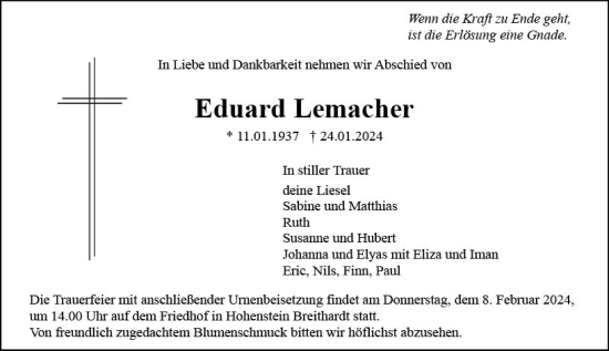 Traueranzeige von Eduard Lemacher von Idsteiner Land/Untertaunus