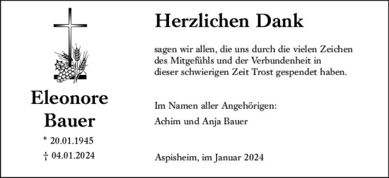 Traueranzeige von Eleonore Bauer von Allgemeine Zeitung Bingen/Ingelheim