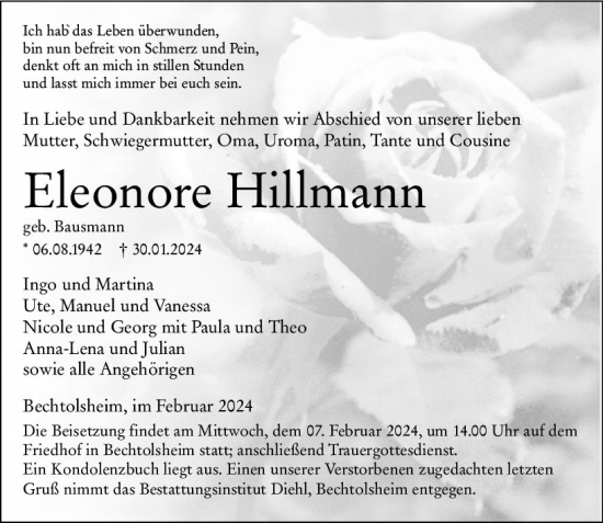 Traueranzeige von Eleonore Hillmann von Allgemeine Zeitung Alzey