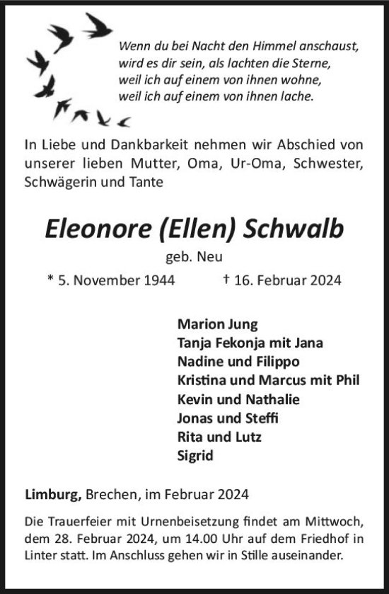 Traueranzeige von Eleonore Schwalb von Nassauische Neue Presse