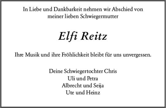 Traueranzeige von Elfi Reitz von Allgemeine Zeitung Alzey