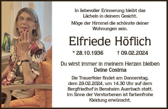 Traueranzeige von Elfriede Höflich von Darmstädter Echo