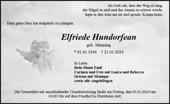 Traueranzeige von Elfriede Hundorfean von Allgemeine Zeitung Mainz