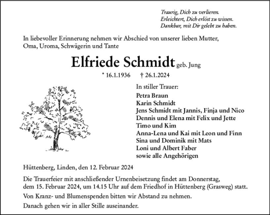 Traueranzeige von Elfriede Schmidt von Wetzlarer Neue Zeitung