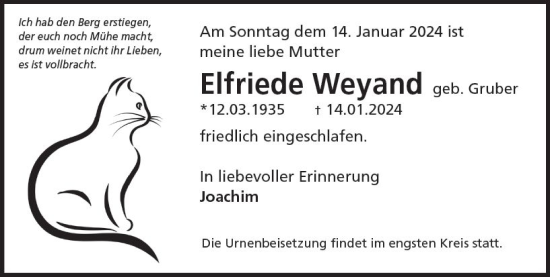 Traueranzeige von Elfriede Weyand von Idsteiner Land/Untertaunus
