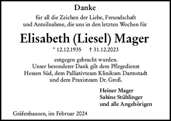 Traueranzeige von Elisabeth  Mager von Darmstädter Echo
