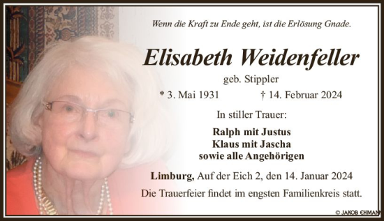 Traueranzeige von Elisabeth Weidenfellen von Nassauische Neue Presse