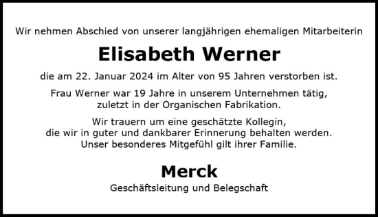 Traueranzeige von Elisabeth Werner von Darmstädter Echo