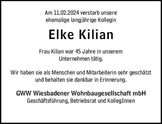Traueranzeige von Elke Kilian von Wiesbadener Kurier