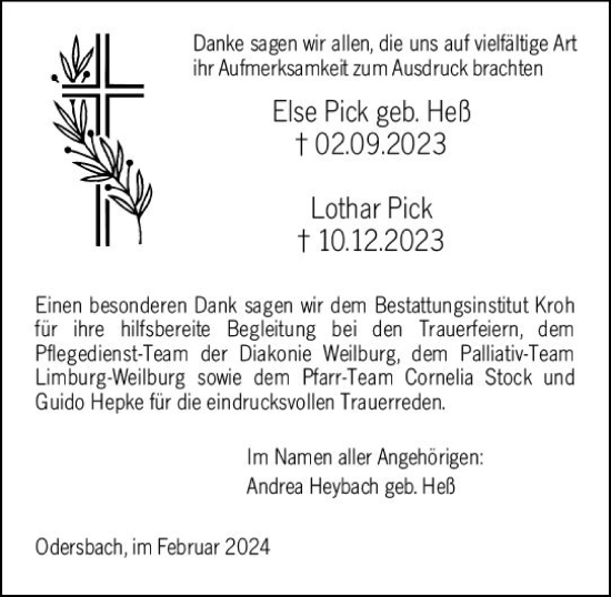 Traueranzeige von Else Pick von Weilburger Tageblatt