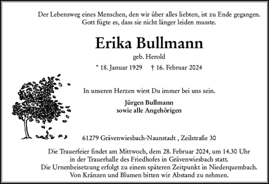 Traueranzeige von Erika Bullmann von Weilburger Tageblatt