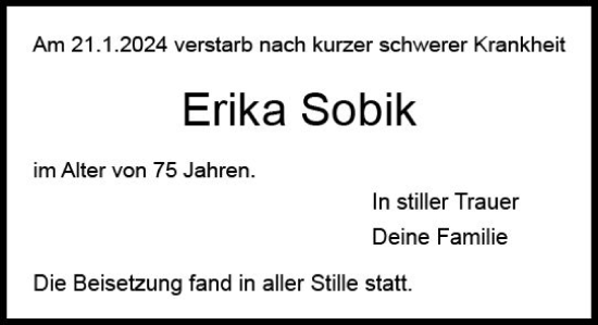 Traueranzeige von Erika Sobik von Dieburger Anzeiger/Groß-Zimmerner Lokal-Anzeiger