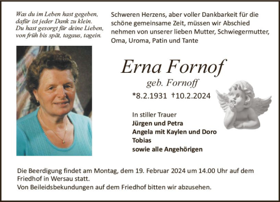 Traueranzeige von Erna Fornof von Odenwälder Echo