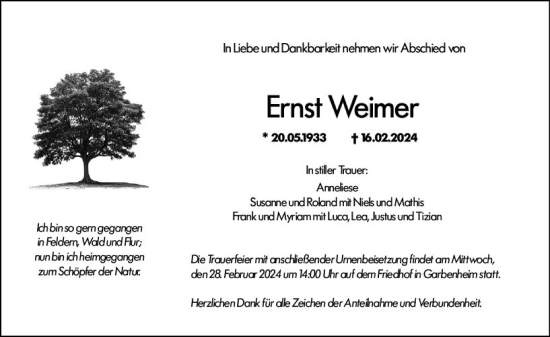 Traueranzeige von Ernst Weimer von Wetzlarer Neue Zeitung
