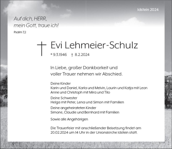 Traueranzeige von Evi Lehmeier-Schulz von Idsteiner Land/Untertaunus