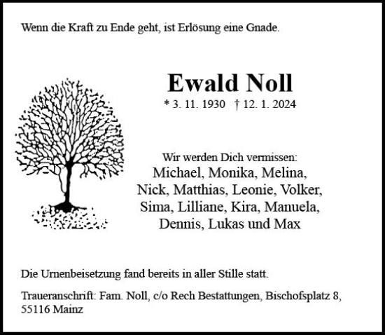 Traueranzeige von Ewald Noll von Allgemeine Zeitung Mainz