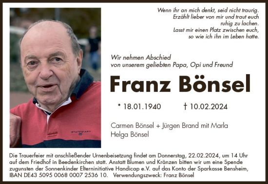 Traueranzeige von Franz Bönsel von Darmstädter Echo