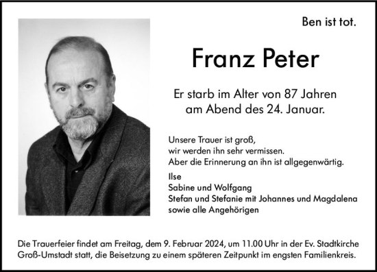 Traueranzeige von Franz Peter von Darmstädter Echo