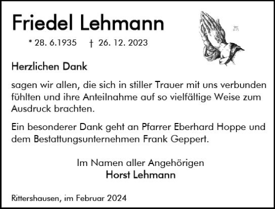 Traueranzeige von Friedel Lehmann von Dill Block