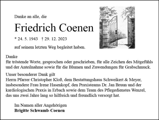 Traueranzeige von Friedrich Coenen von Odenwälder Echo