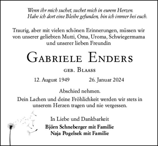 Traueranzeige von Gabriele Enders von Dieburger Anzeiger/Groß-Zimmerner Lokal-Anzeiger