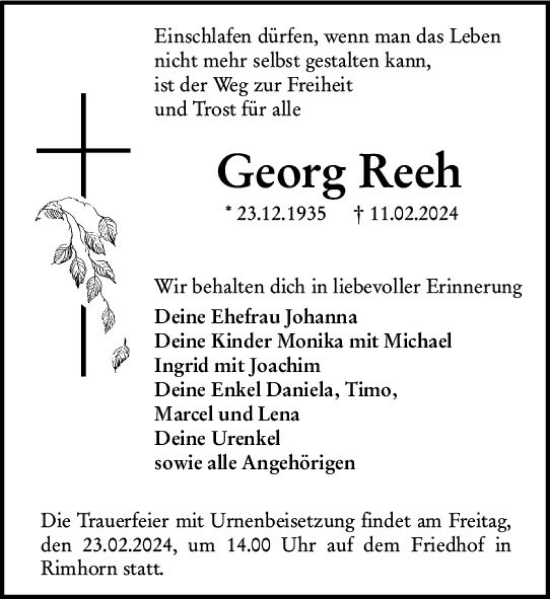 Traueranzeige von Georg Reeh von Odenwälder Echo