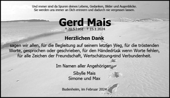 Traueranzeige von Gerd Mais von Allgemeine Zeitung Mainz