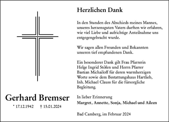 Traueranzeige von Gerhard Bremser von Camberger Anzeiger