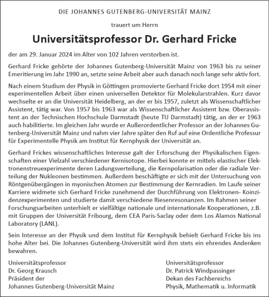Traueranzeige von Gerhard Fricke von Allgemeine Zeitung Mainz