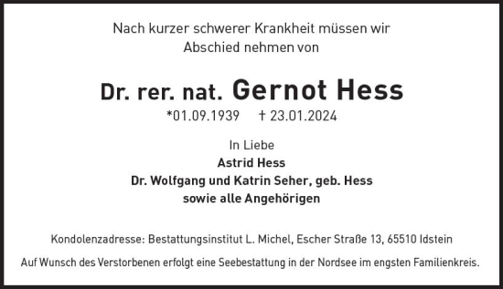 Traueranzeige von Gernot Hess von Idsteiner Land/Untertaunus