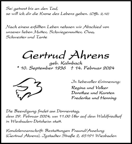 Traueranzeige von Gertrud Ahrens von Wiesbadener Kurier
