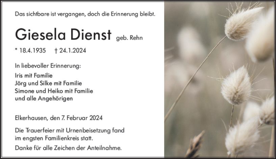 Traueranzeige von Giesela Dienst von Weilburger Tageblatt