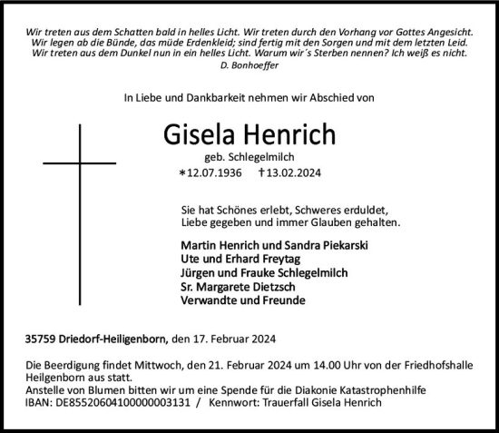 Traueranzeige von Gisela Henrich von Dill Block