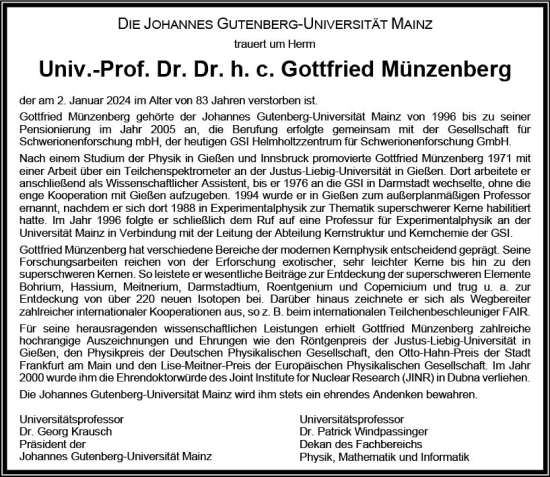 Traueranzeige von Gottfried Münzenberg von Allgemeine Zeitung Mainz