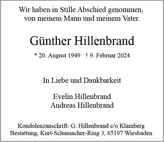 Traueranzeige von Günter Hillenbrand von Wiesbadener Kurier