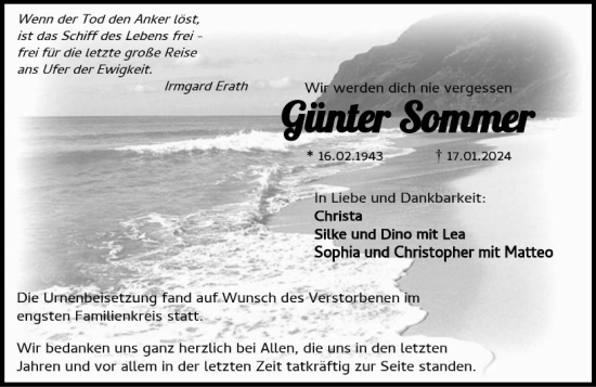 Traueranzeige von Günter Sommer von Allgemeine Zeitung Alzey