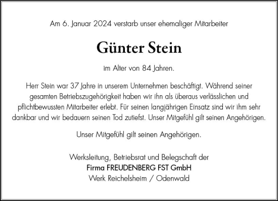 Traueranzeige von Günter Stein von Odenwälder Echo