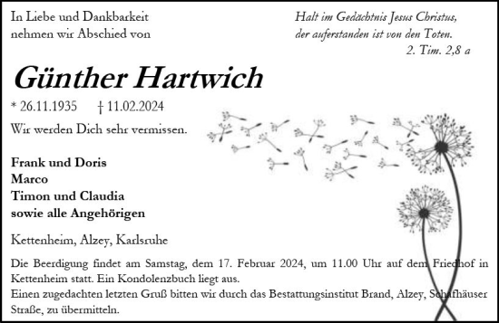 Traueranzeige von Günther Hartwich von Allgemeine Zeitung Alzey