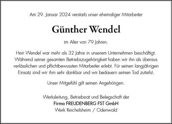Traueranzeige von Günther Wendel von Odenwälder Echo