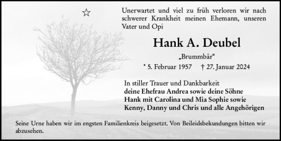 Traueranzeige von Hank A. Deubel von Starkenburger Echo