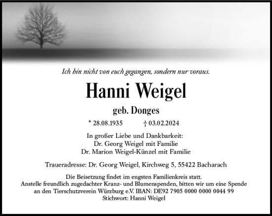 Traueranzeige von Hanni Weigel von Hinterländer Anzeiger