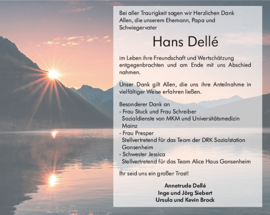 Traueranzeige von Hans Delle von Allgemeine Zeitung Mainz