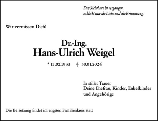 Traueranzeige von Hans-Ulrich Weigel von Wiesbadener Kurier