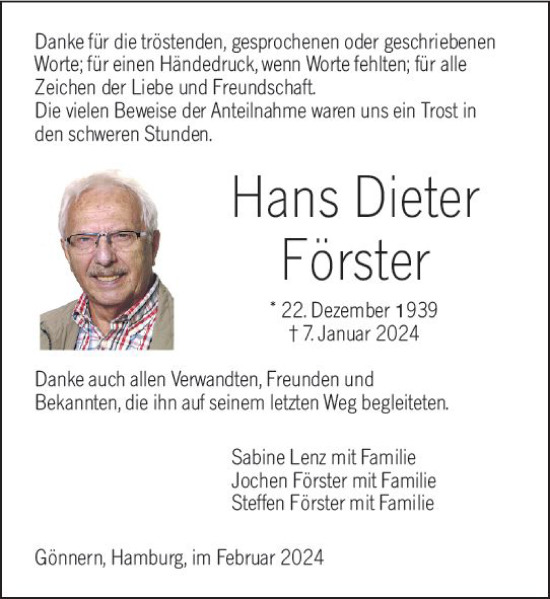Traueranzeige von Hans Dieter Förster von Hinterländer Anzeiger