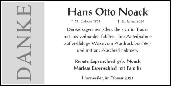 Traueranzeige von Hans Otto Noack von Allgemeine Zeitung Bingen/Ingelheim