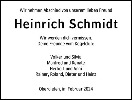 Traueranzeige von Heinrich Schmidt von Hinterländer Anzeiger