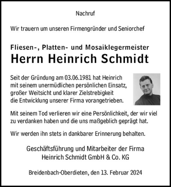 Traueranzeige von Heinrich Schmidt von Hinterländer Anzeiger