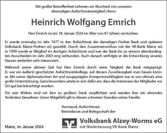 Traueranzeige von Heinrich Wolfgang Emrich von Allgemeine Zeitung Mainz