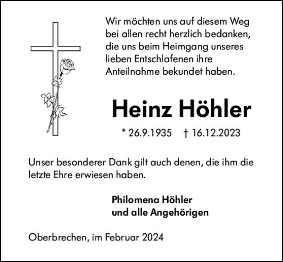 Traueranzeige von Heinz Höhler von Camberger Anzeiger