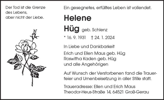 Traueranzeige von Helene Hüg von Groß-Gerauer Echo